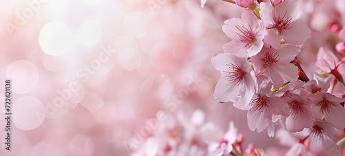 Cherry blossom blurred background with copy space. Spring banner