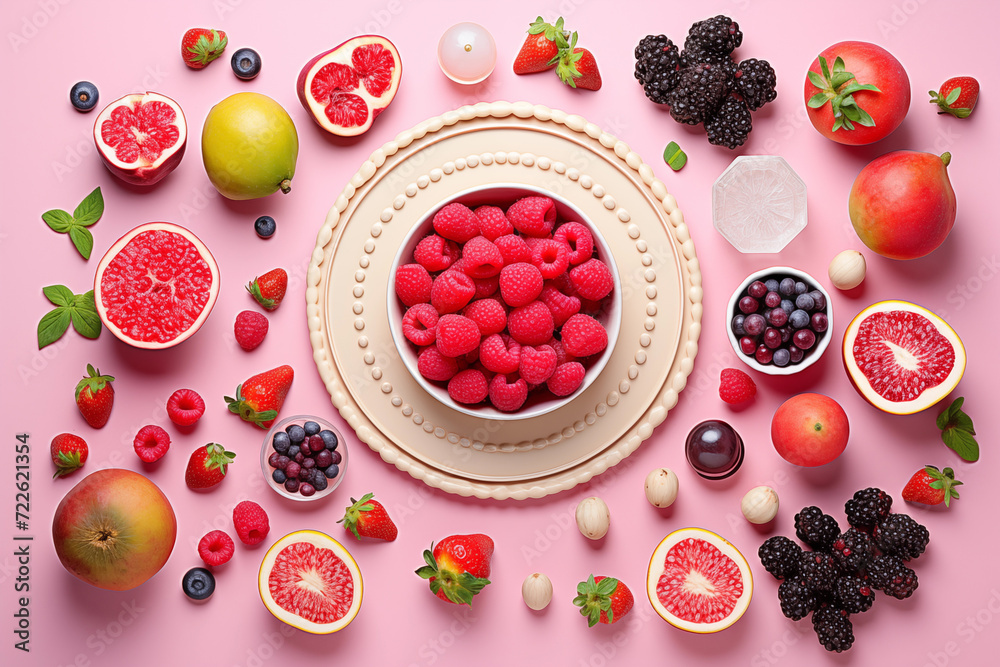 Healthy mix berries fruits organic food clean eating selection on pastel pink background. Strawberry, Cherry, blueberry, raspberry, blackcurrant, pomegranate, kiwi, colorful fruits top view flat lay Healthy mix berries fruits organic food clean eating selection on pastel pink background. Strawberry, Cherry, blueberry, raspberry, blackcurrant, pomegranate, kiwi, colorful fruits top view flat lay