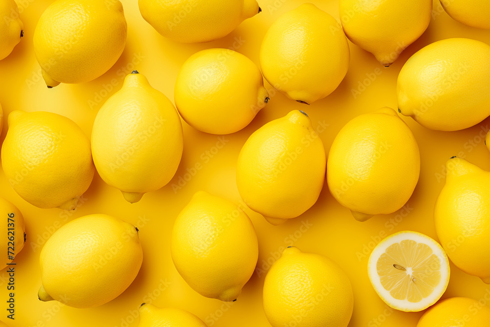 A set of sliced lemon and lemon isolated Healthy fruits and vegetables composition on pastel yellow background. Fruit minimal concept. Flat lay, top view, copy space.