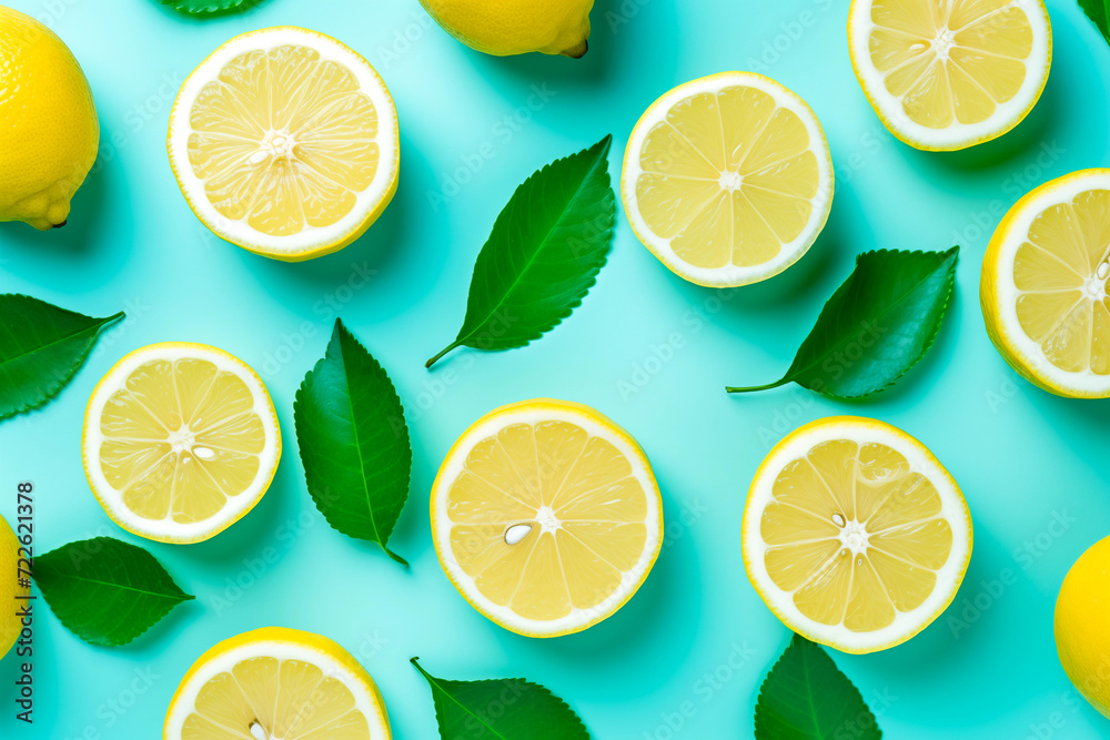A set of sliced lemon isolated Healthy fruits and vegetables on pastel aqua green background. Fruit minimal concept. Flat lay, top view, copy space. A set of sliced lemon isolated Healthy fruits and vegetables on pastel aqua green background. Fruit minimal concept. Flat lay, top view, copy space.