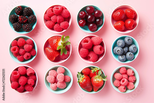 Healthy mix berries fruits clean eating selection in bowls on pastel pink background. Strawberry, Cherry, blueberry, raspberry, blackcurrant colorful fruits organic food flat lay poster photo