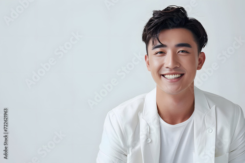 Portrait of stylish asian man, wearing casual white clothes isolated on white background. photo