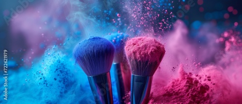 Makeup cosmetic brushes with powder blush explosion on black background. Skin care or fashion concept. Free space for your text photo
