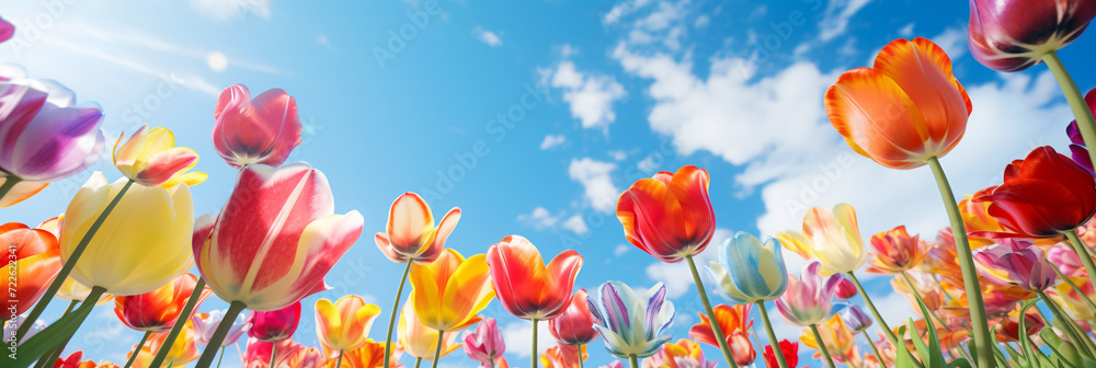 A field of tulips on a bright sunny day A field of tulips on a bright sunny day