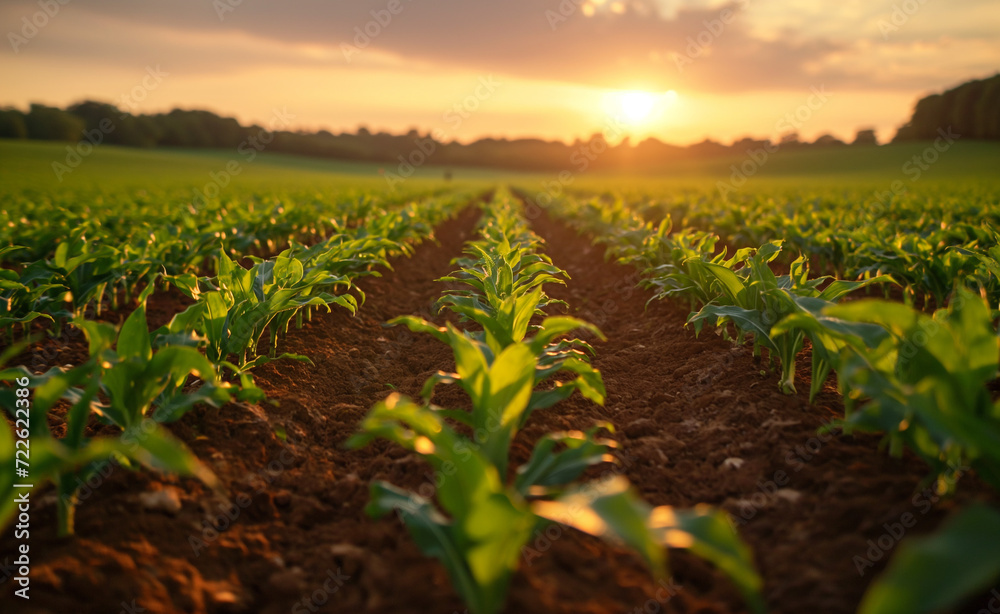Vibrant corn stalks in agricultural field, health and growth in corn farming, serene corn ambiance