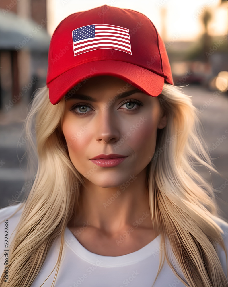 Portrait of a beautiful blonde woman with red cap with printed american flag. Republican party supporter Portrait of a beautiful blonde woman with red cap with printed american flag. Republican party supporter