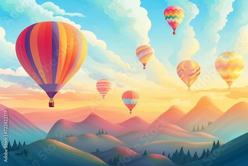 Illustrate a background depicting an Easter dawn scene with colorful egg-shaped hot air balloons floating in the sky