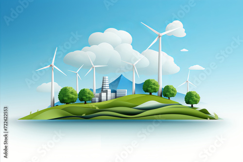 Paper Art. Renewable Energy with Wind Turbines. Carbon Neutral by 2050, Low CO2 Consumption