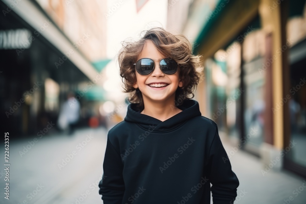 Portrait of a smiling young boy in sunglasses on a city street Portrait of a smiling young boy in sunglasses on a city street