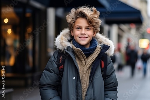 Portrait of a cute young boy in winter coat on the street