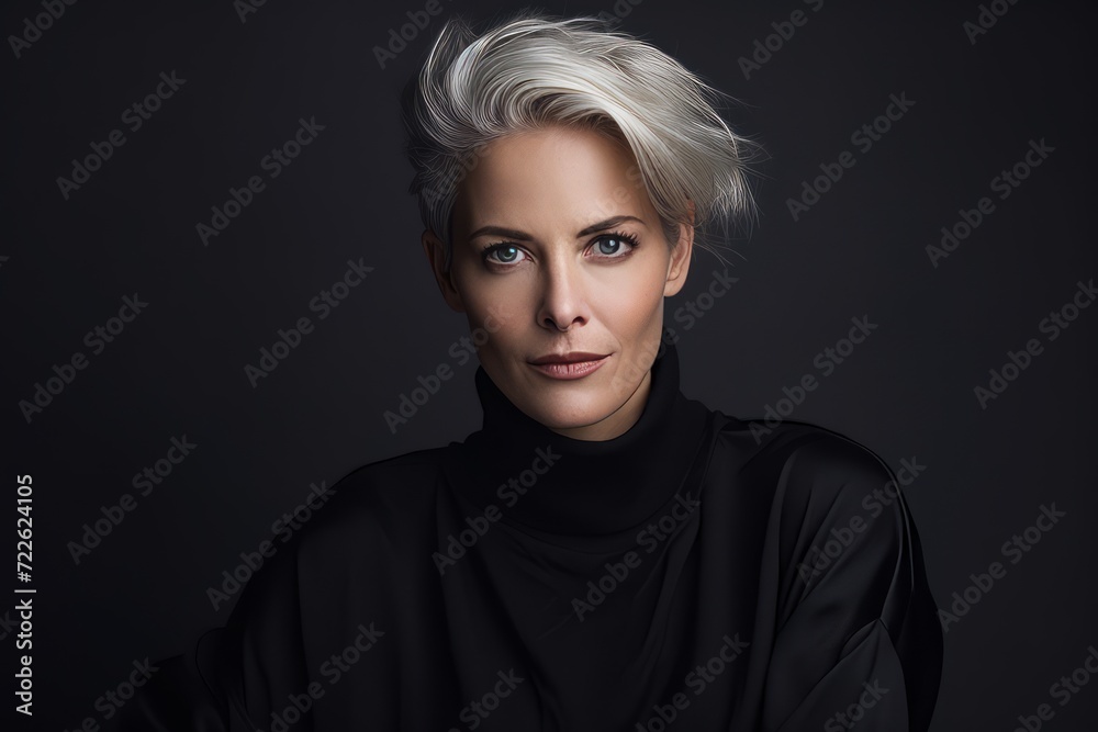 Portrait of a beautiful young woman with short blonde hair. Studio shot.