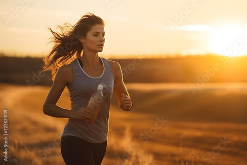 woman jogging outdoors during a golden sunset. They hold a water bottle in their hand.