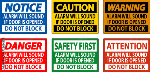 Fire and Emergency Sign, Fire Door Alarm Will Sound If Door Is Opened Do Not Block photo