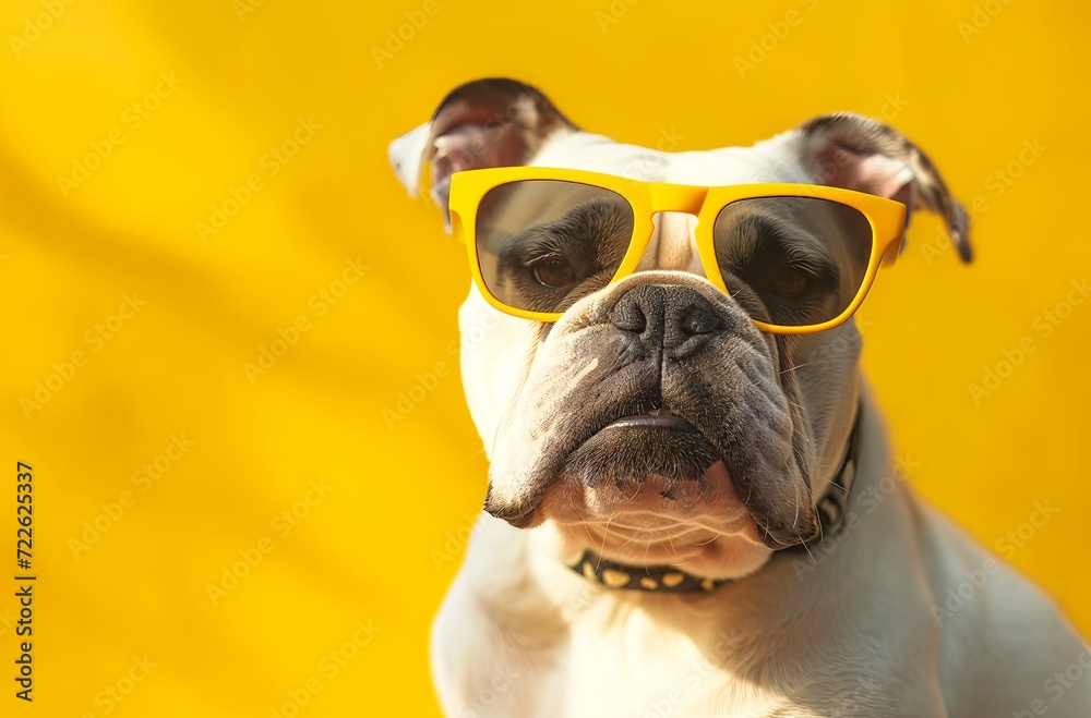 Dog Wearing Yellow Sunglasses on Yellow Background