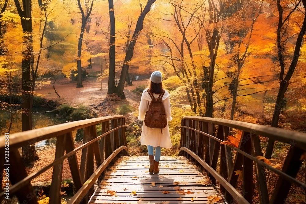 Tranquil Autumn Stroll In this captivating photograph, a girl clad in light-colored attire walks along a sturdy wooden bridge. The bridge is nestled within a breathtaking autumn forest Tranquil Autumn Stroll In this captivating photograph, a girl clad in light-colored attire walks along a sturdy wooden bridge. The bridge is nestled within a breathtaking autumn forest