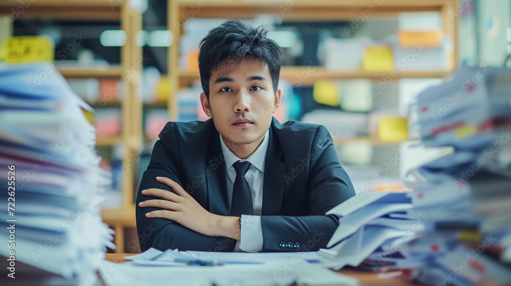 Overworked man sitting in his office, with big pile of papers on his desk