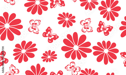 Vector seamless simple monochrome floral spring pattern with flowers and butterflies in doodle style on a transparent background