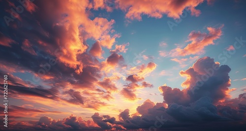 Sky at sunset, sky at sunrise, clouds, orange clouds cirrus clouds, cumulus clouds, sky gradient, sky background at dusk, twilight, nightfall, pink sky, pink clouds, sun, environment, Generative AI photo