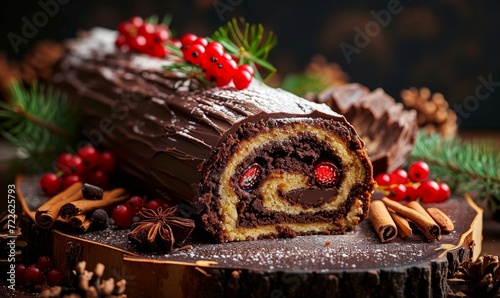 christmas log, traditional christmas cake, buche de noel, chocolate and berries, pastry, decorated with christmas themed elements, family meal and tradition, on a black, Generative AI