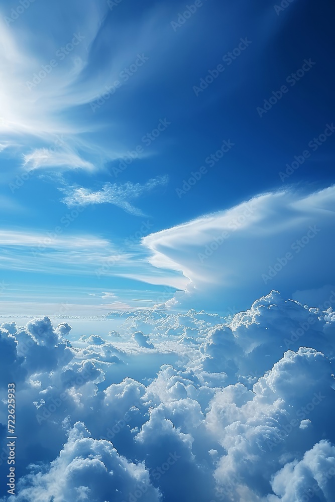 Blue sky with white clouds, flying above the clouds, picture from plane, heaven, sunny day, fair weather, bright daylight, sky with few clouds, sky gradient, sky background, Generative AI