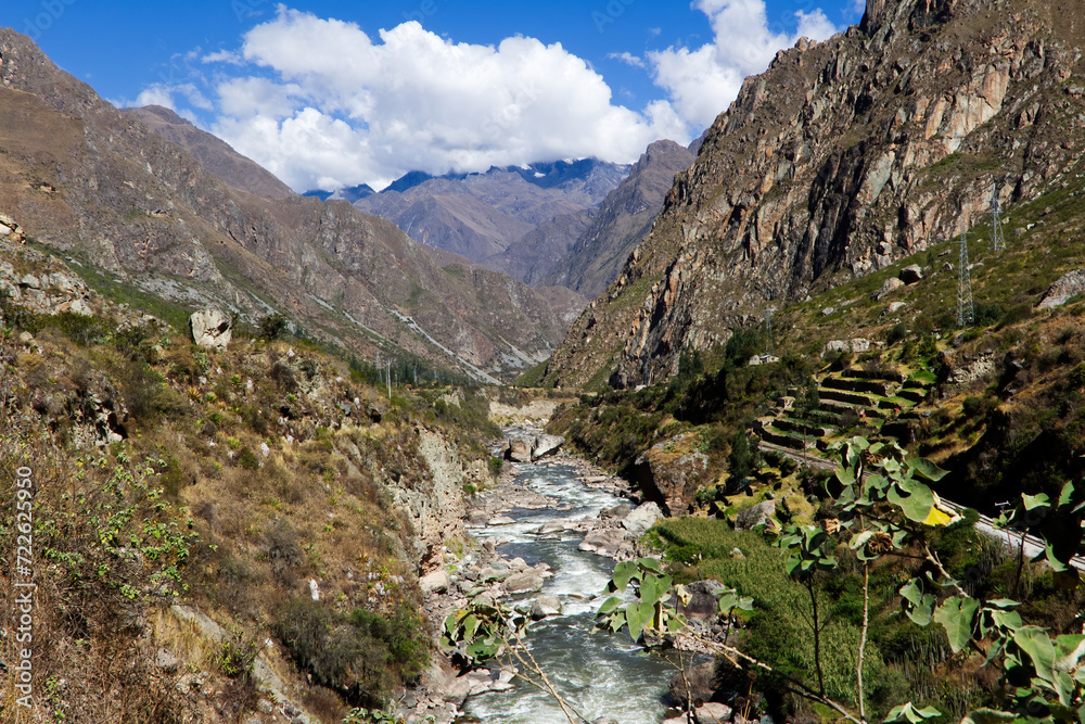 River Running Down Valley In Peru South America