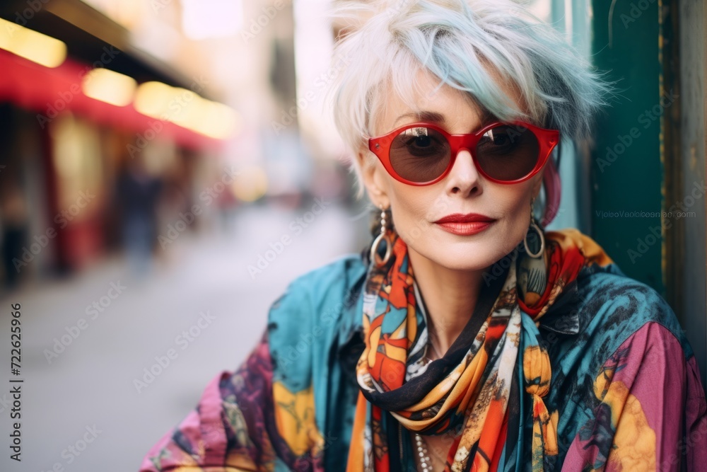 Fashionable woman with short blue hair and red sunglasses in the city Fashionable woman with short blue hair and red sunglasses in the city