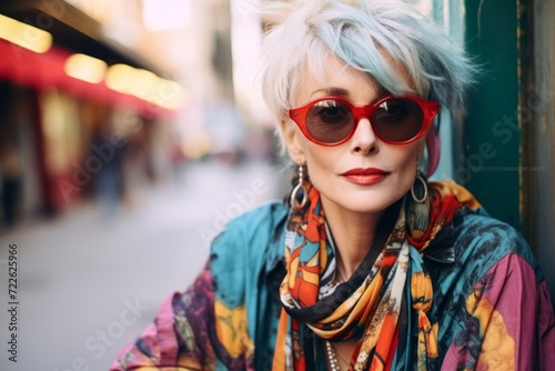 Fashionable woman with short blue hair and red sunglasses in the city
