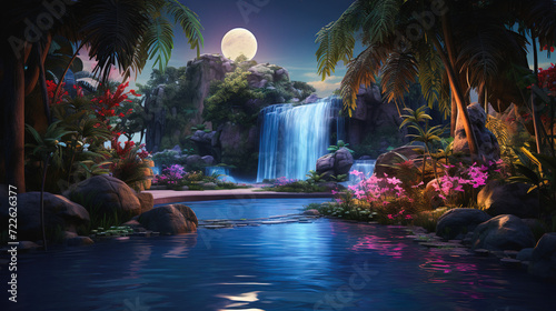 幻想的な滝のある川のイメージイラスト風景