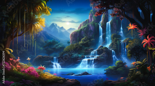 幻想的な滝のある川のイメージイラスト風景
