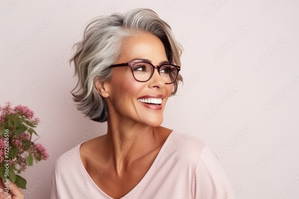 Portrait of smiling senior woman in eyeglasses with flowers. Portrait of smiling senior woman in eyeglasses with flowers.
