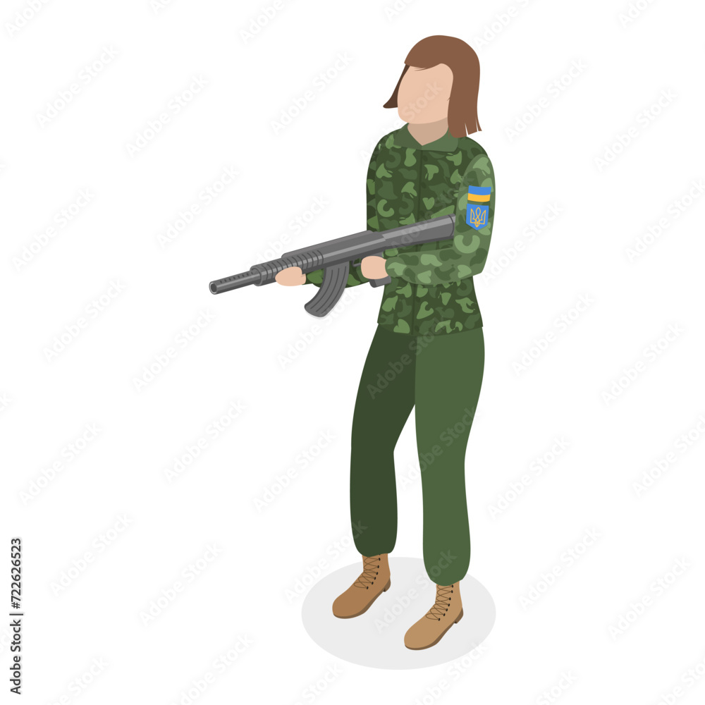 3D Isometric Flat Vector Set of Ukrainian Woman Soldiers, Fight on War for Independence. Item 3 3D Isometric Flat Vector Set of Ukrainian Woman Soldiers, Fight on War for Independence. Item 3