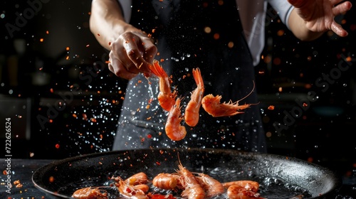 Chef frying shrimps with dramatic splashes © InfiniteStudio