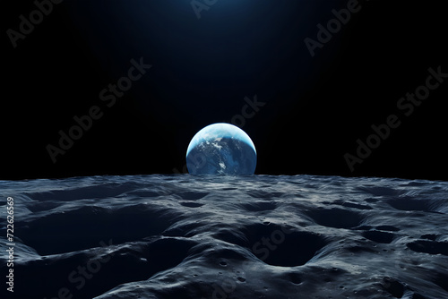  view of Earth as seen from the moon’s surface. The Earth appears as a bright, colorful sphere against the dark backdrop of space