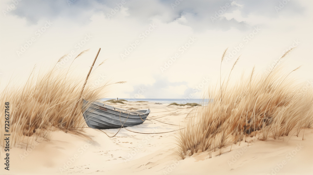 boat on a sandy beach with reeds - obrazy, fototapety, plakaty 