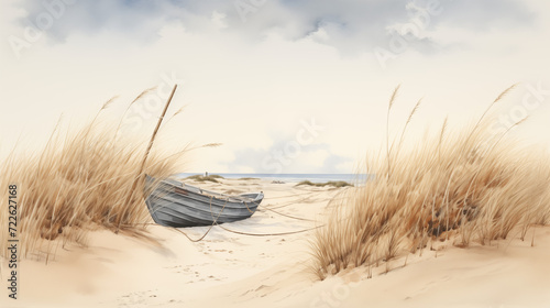 boat on a sandy beach with reeds photo