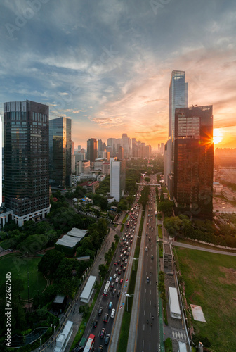 Panoramic view of jakarta City, Indonesia, with beautiful sunset. Jakarta is the largest city in indonesia that also the center of governance and business district. 