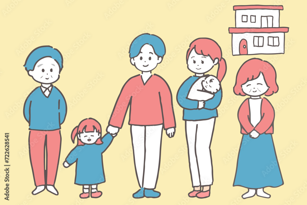 三世代家族の全身イラスト ピンクとブルーの配色 背景色あり 三世代家族の全身イラスト ピンクとブルーの配色 背景色あり