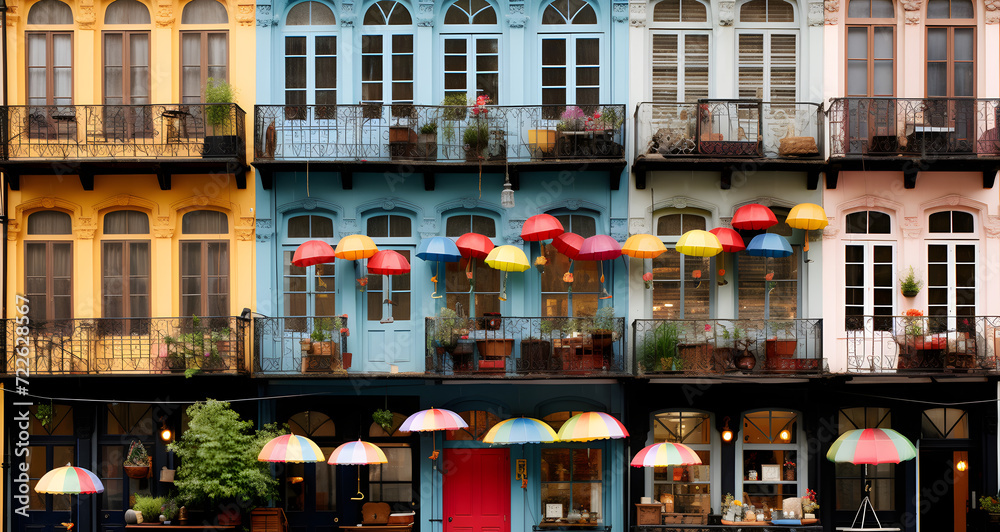 colorful umbrellas hanging outside of many windows