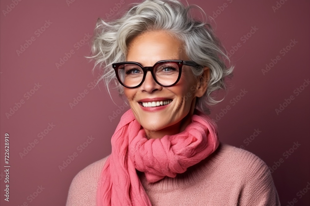 Portrait of a beautiful senior woman wearing glasses and pink scarf.