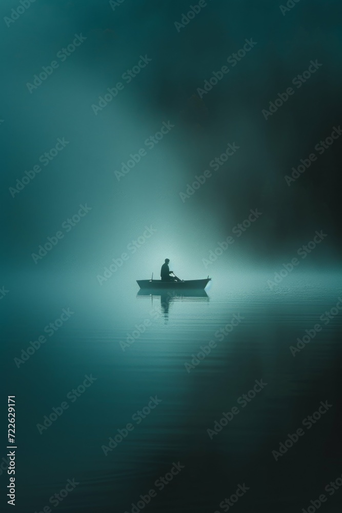 Man alone rowing his boat on a lake, with surrounded by mist