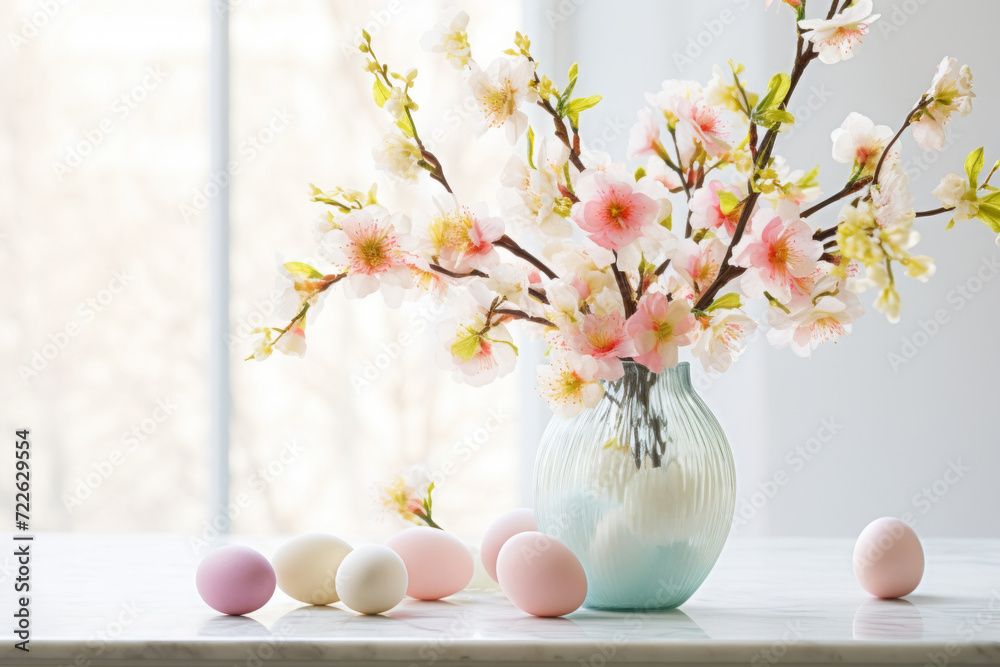 Easter centerpiece on the dining room table with blooming branches and colored eggs, DIY Easter decor idea