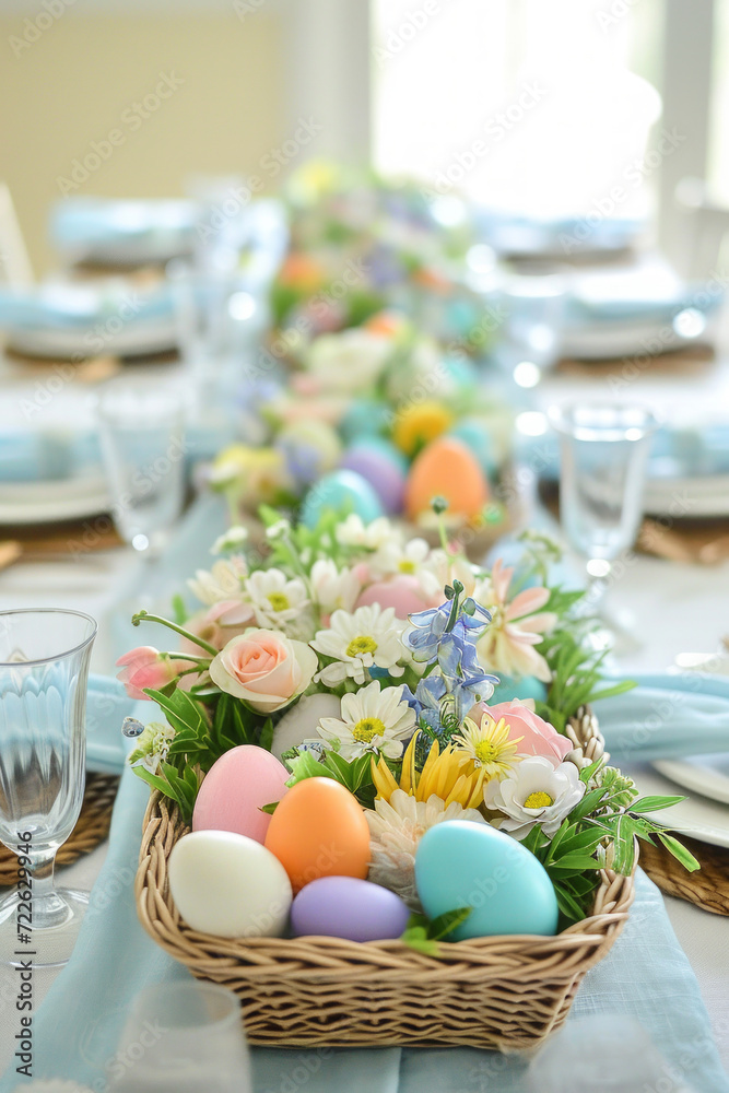 Easter centerpiece on the dining room table with pastel colored light flowers and colored eggs in a basket, DIY Easter decor idea Easter centerpiece on the dining room table with pastel colored light flowers and colored eggs in a basket, DIY Easter decor idea