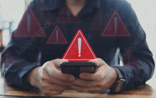 Emergency warning alert alarm on Smartphone, Data network protection, Virus alarm with people using application on smartphone. 