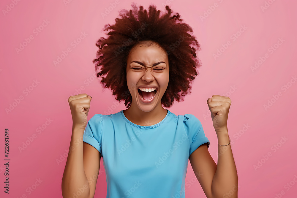 Photo of ecstatic lady shout loud yeah fist up raise win lottery isolated on color background Photo of ecstatic lady shout loud yeah fist up raise win lottery isolated on color background