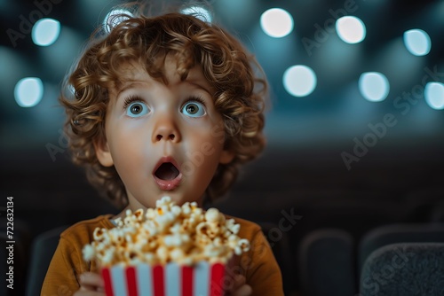 child with the emotion of surprise with popcorn in his hands watching a movie on the background of the movie theater