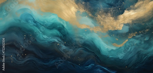Ocean in rich blue and gold, abstract marbled wallpaper or background 001