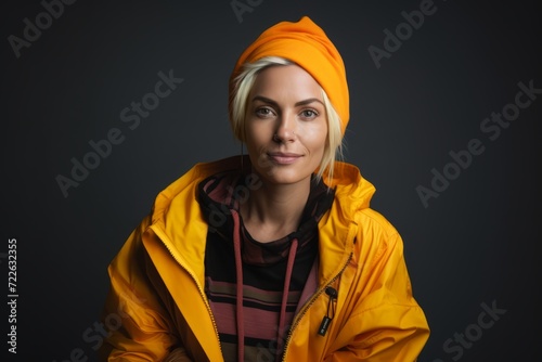 Portrait of a beautiful young woman in yellow jacket and orange hat © Inigo