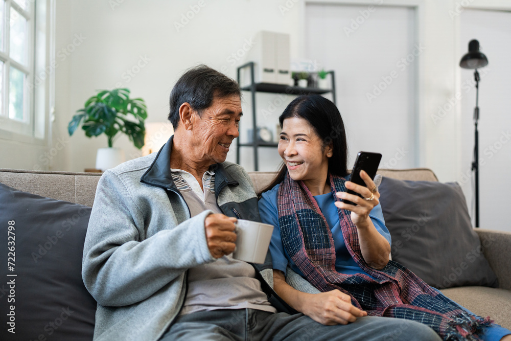 Retired elderly couple sits on couch drink tea and using mobile together and relax in their home. Senior Activity Concept Retired elderly couple sits on couch drink tea and using mobile together and relax in their home. Senior Activity Concept