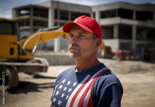 Portrait of a construction worker wearing red cap and american flag t-shirt. Hard worker republican party supporter photo