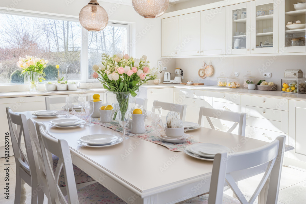 White kitchen decorated for Easter with spring flowers and colored Easter eggs